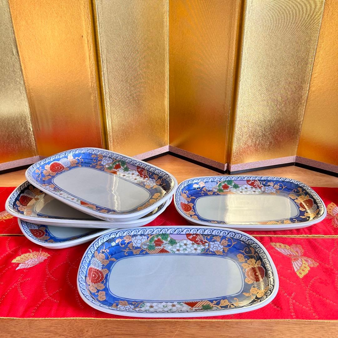 【未使用品】有田焼　清秀窯　金彩古伊万里　濃木甲　多用皿揃　楕円皿5客 元箱入り