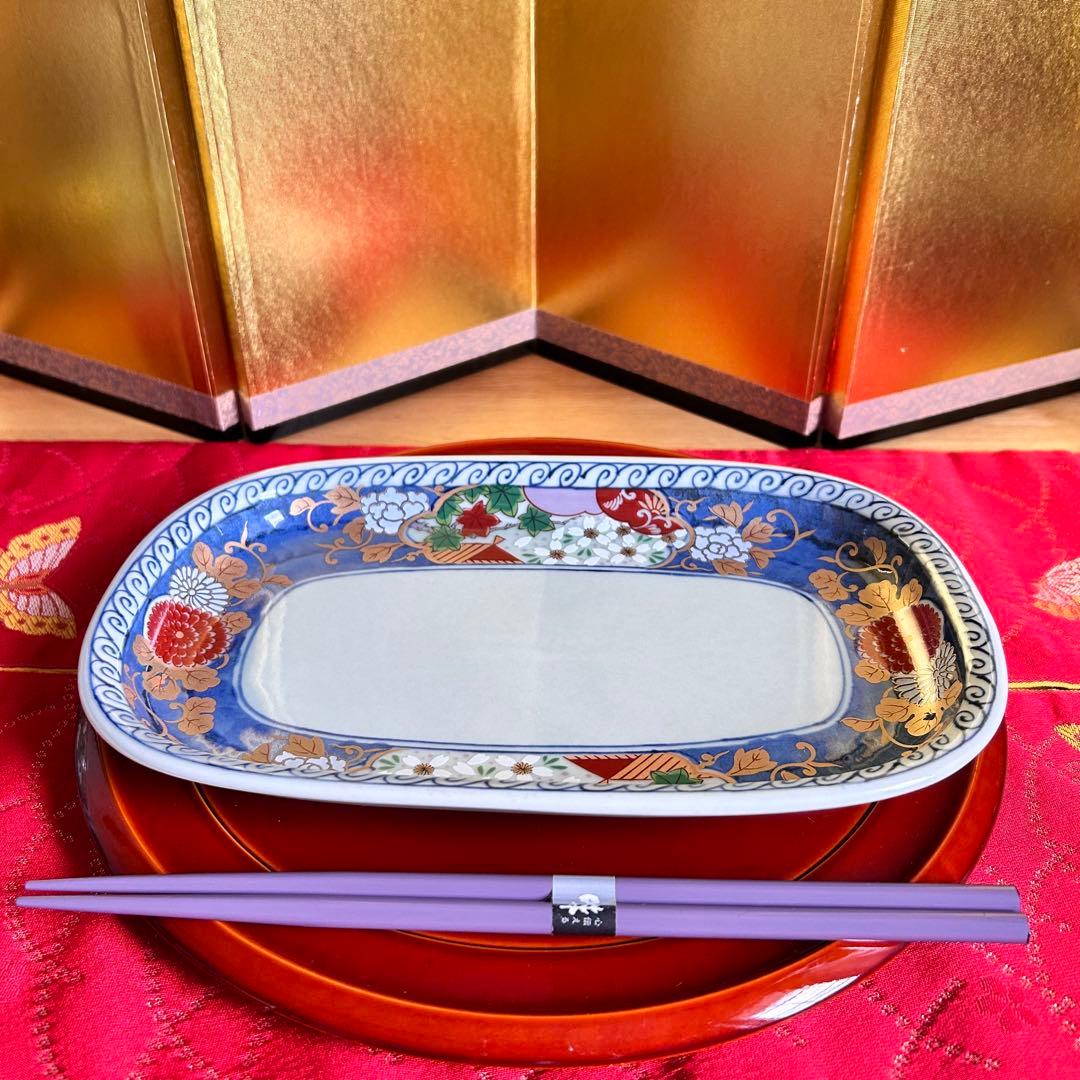 【未使用品】有田焼　清秀窯　金彩古伊万里　濃木甲　多用皿揃　楕円皿5客 元箱入り