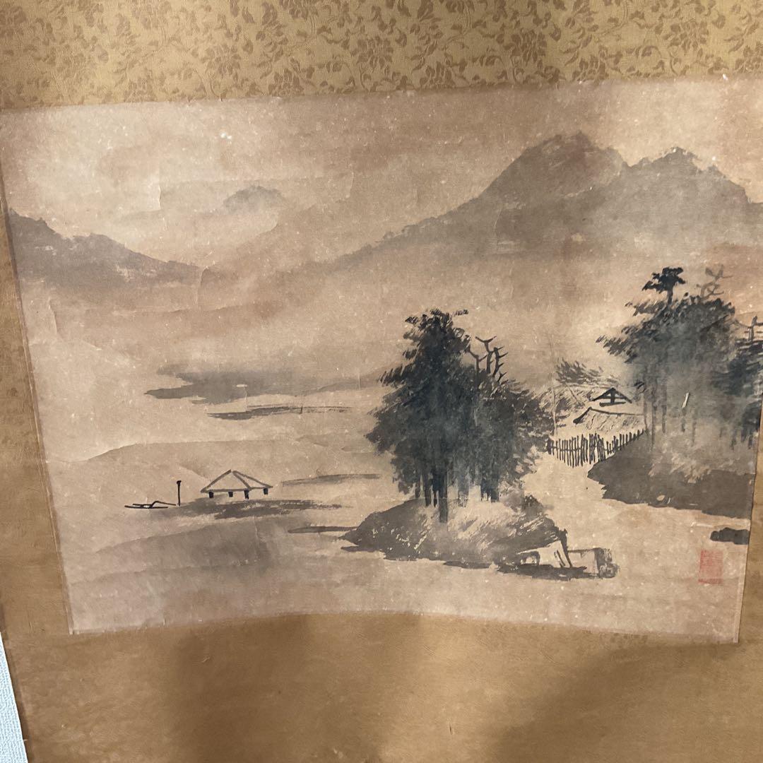 中国画 紙本水墨山水図 軸先陶器軸