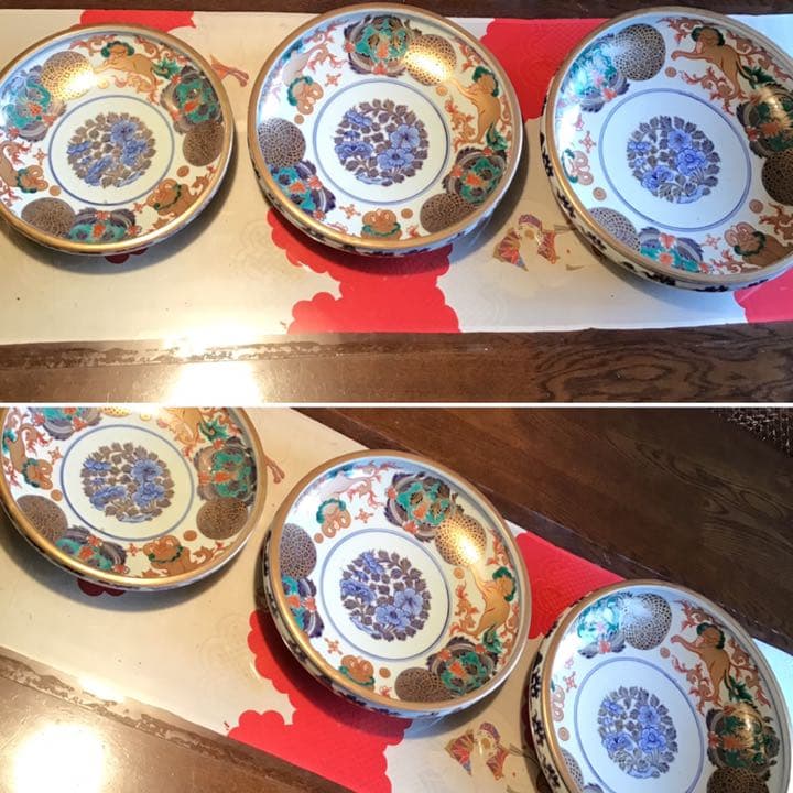 939古伊万里　最上手金襴手　唐獅子牡丹七宝紋様（冨貴長春）三ツ鉢　共箱付