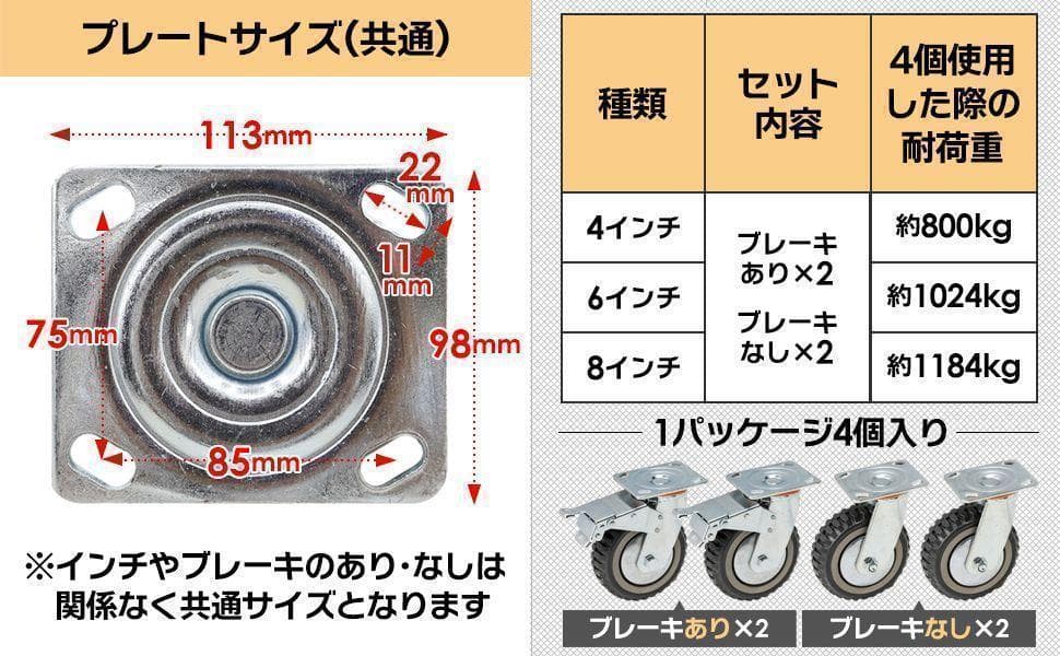 産業用キャスター 6インチ 4個 ブレーキ有×2個 ブレーキ無×2個 1784
