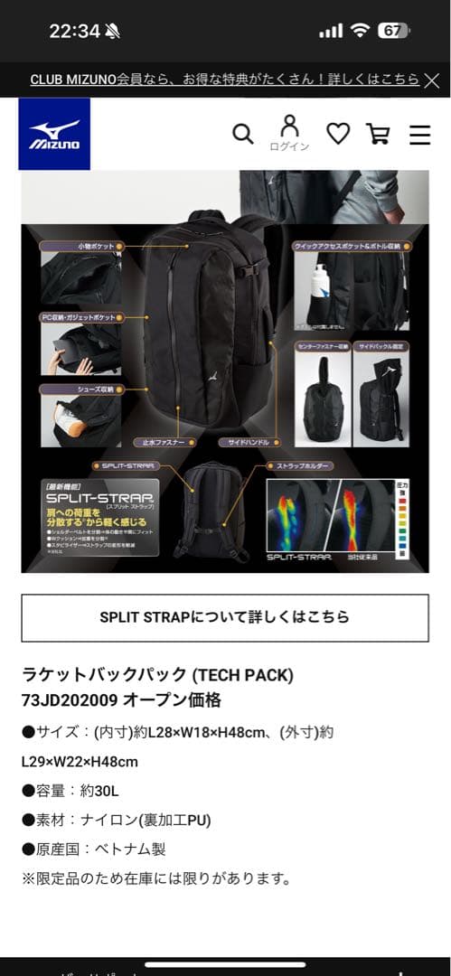 最終値下げ MIZUNO ラケットバッグ パック tech pack 限定モデル