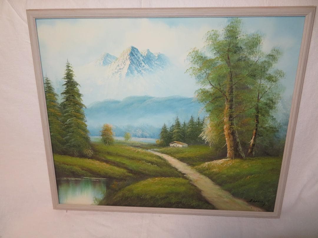 山と湖の風景 油絵 額入り インテリア（中古）