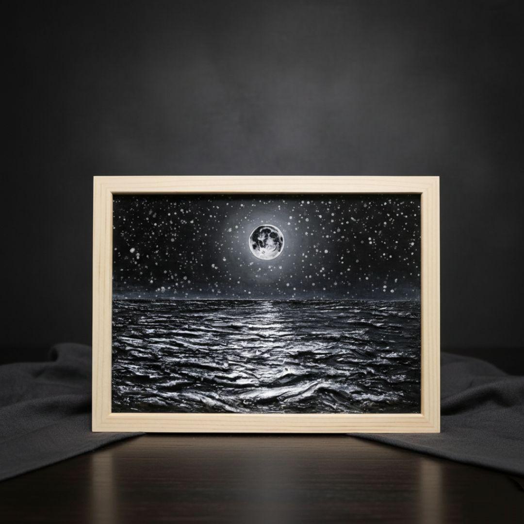 【一点物】油絵 満月と星空の海 B5サイズ 額縁入り ホルベイン画材使用 原画