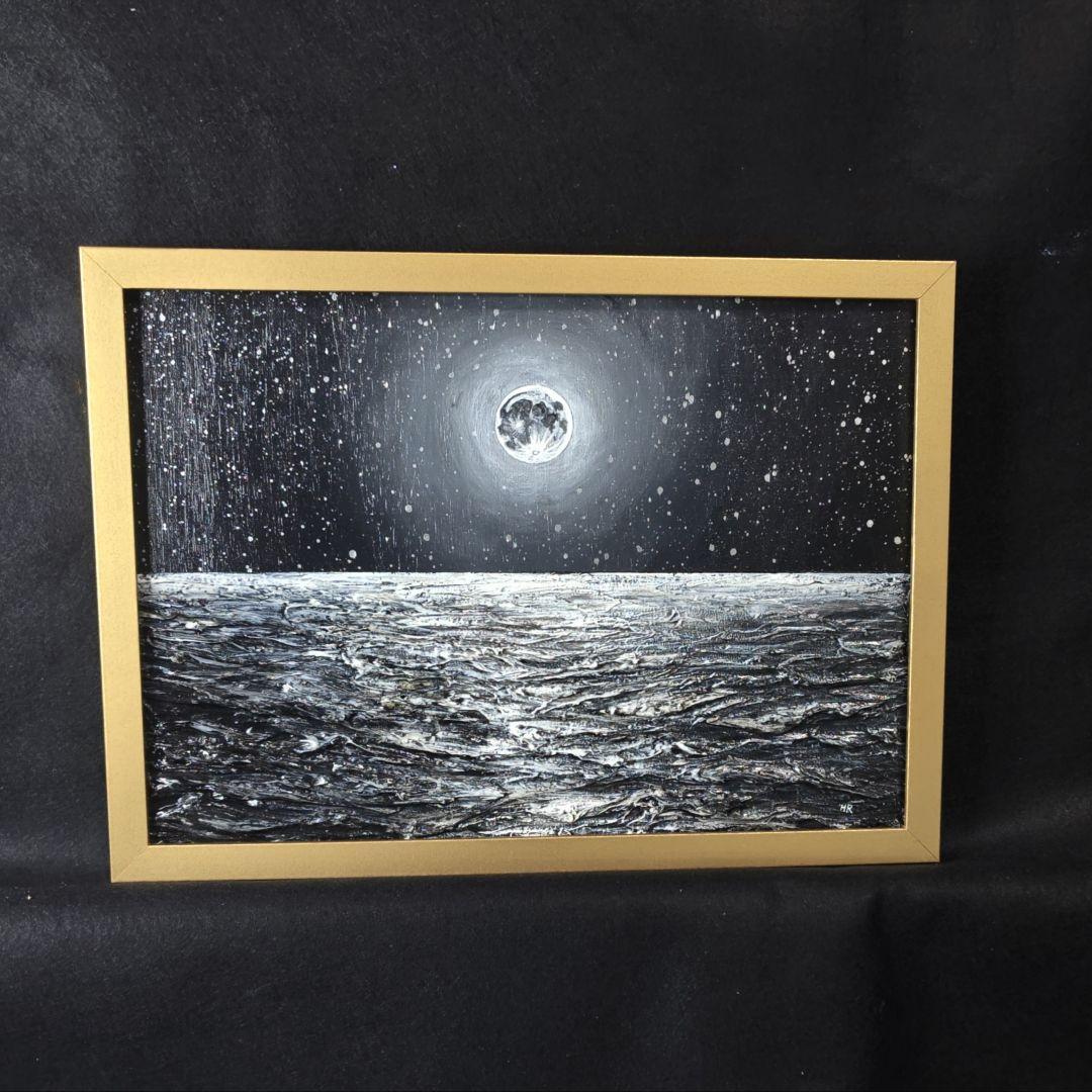 【一点物】油絵 満月と星空の海 B5サイズ 額縁入り ホルベイン画材使用 原画