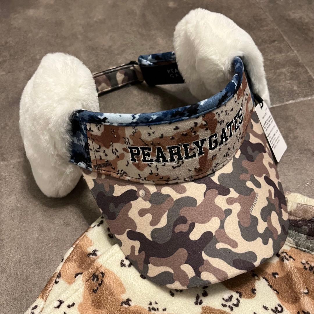 新品 パーリーゲイツ マルチカモ柄パンツ 耳当て付き防寒サンバイザー セット