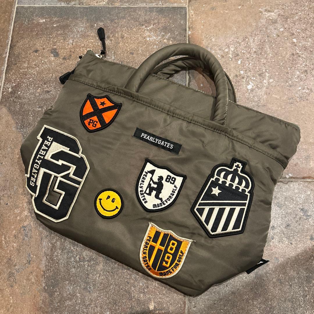 PEARLY GATES カートバッグ　ワッペン　カーキ系　ニコちゃん