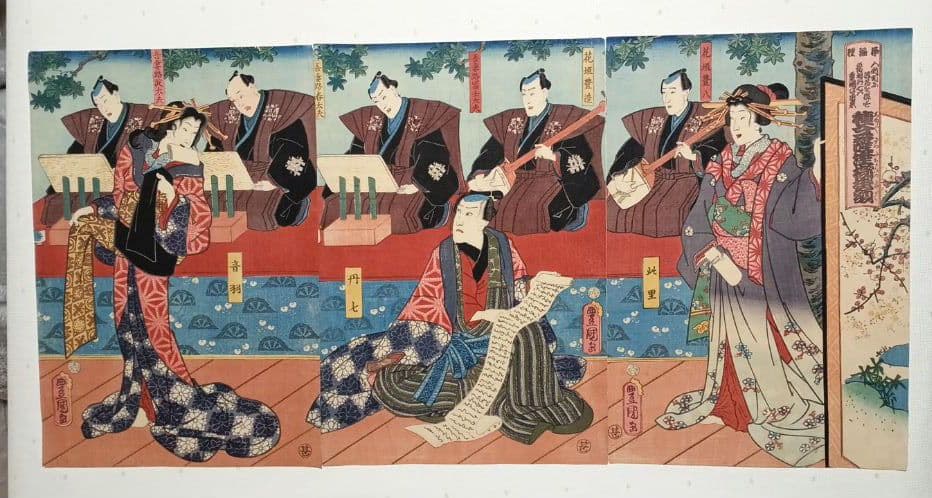 浮世絵版画、浄瑠璃種々薩誓掛額三枚綴り三代歌川豊国、安政6年（1859)出版