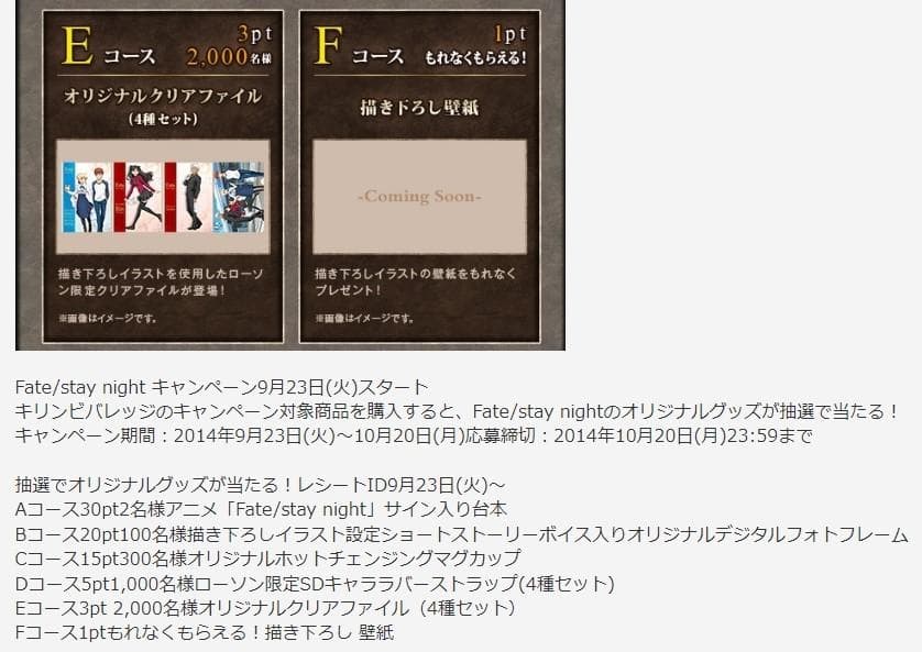 【当選品】 Fate／stay night ローソン クリアファイル 4種セット