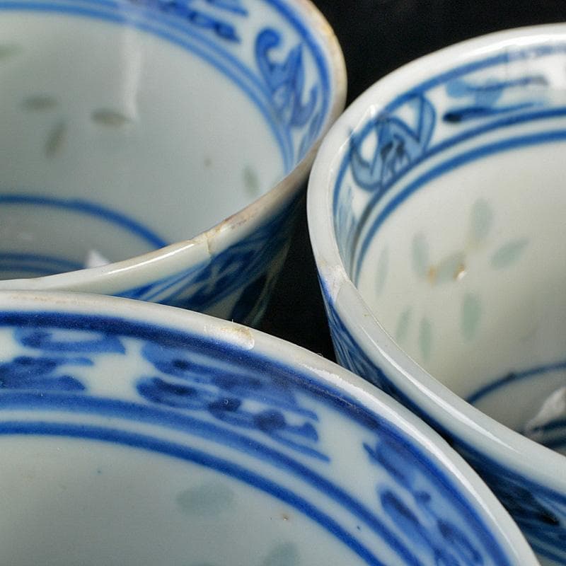 煎茶道具　康煕年製款　青花蓮花文　透蛍手煎茶碗　六客　H　R7457