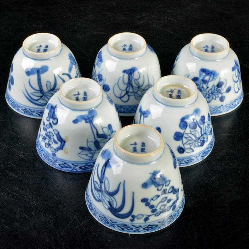 煎茶道具　康煕年製款　青花蓮花文　透蛍手煎茶碗　六客　H　R7457