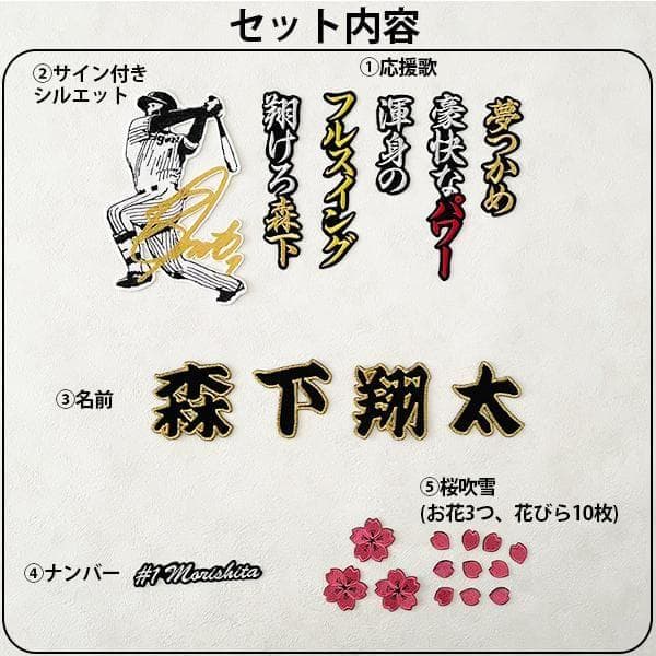 阪神タイガース 森下翔太 刺繍ワッペン 5点セット【桜/新ピンク】【黒】