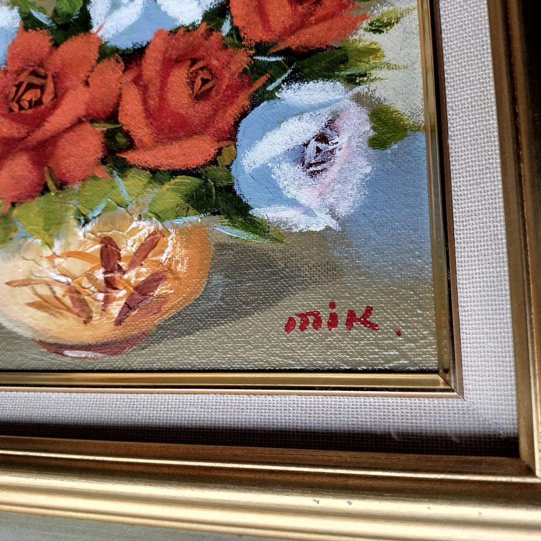 大正レトロ 深みのある鮮やかな 薔薇の絵 ／赤薔薇と青みがかった白い薔薇 額装