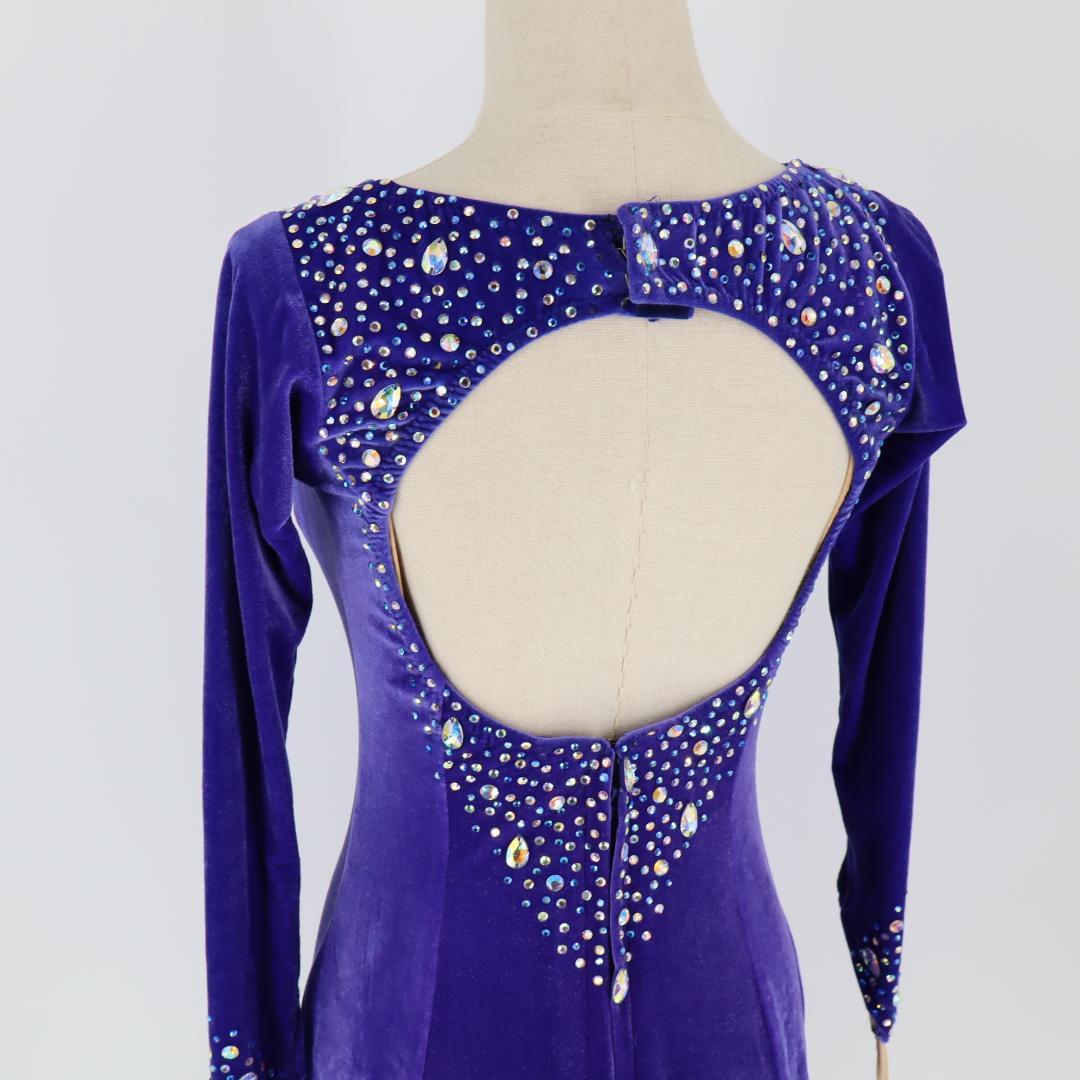 【美品社交ダンス衣装】豪華ラインストーン×パープルベロア ラテンドレス 胸パット