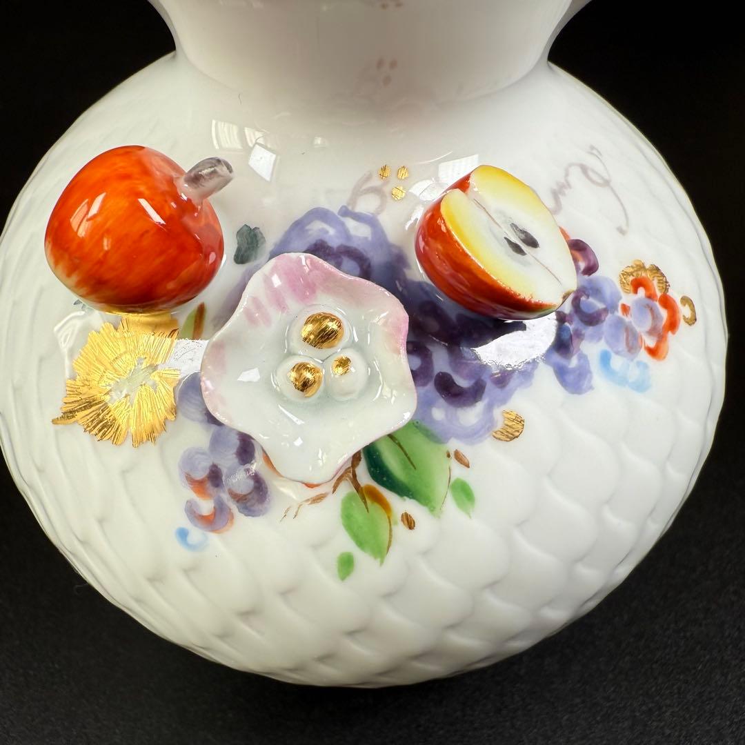 新品 マイセン 波の戯れ フルーツ 林檎 葡萄 貼花 花瓶１点(共箱付)、1級品