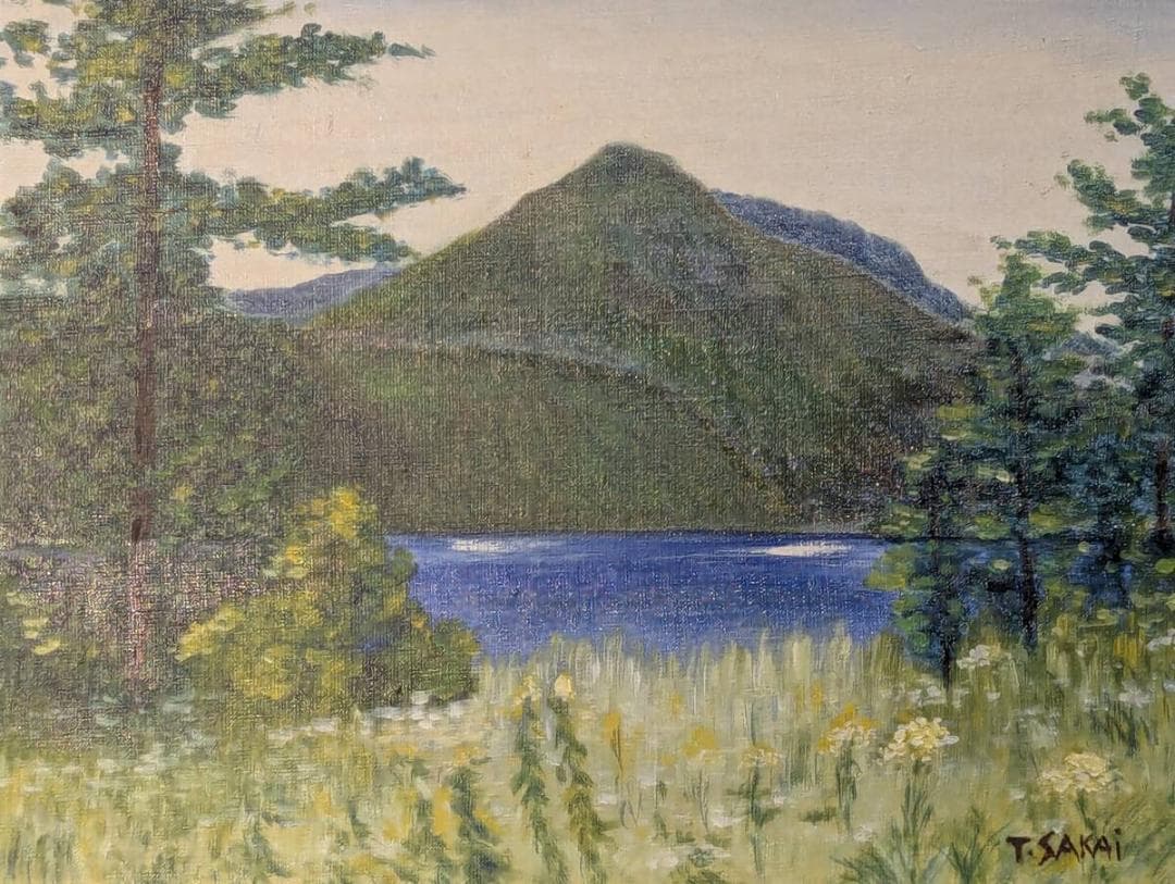 【真作】絵画　油彩8号　サイン入り 油彩風景画　湖と山の情景　Z136