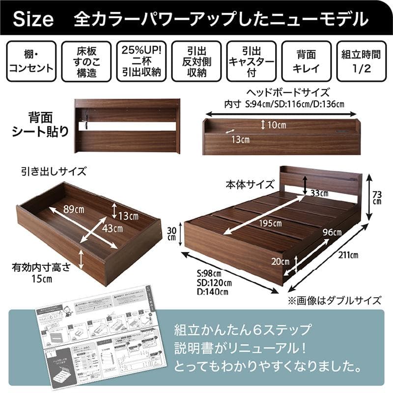 最安値！マットレスなし セミダブルベッド 収納 コンセント 送料込み！ 23