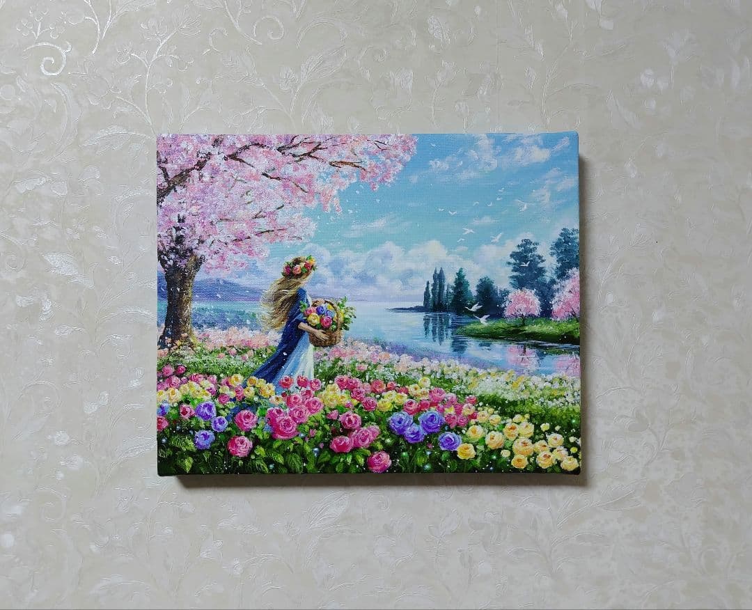 ま*る様 【花に囲まれて】アクリル画 F3 風景画 絵画