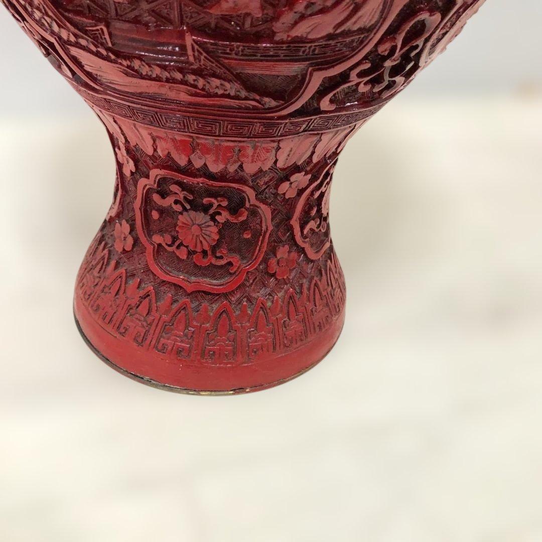 中国風 大型壺 朱色 レリーフ彫刻 花鳥図 花瓶 高約48cm 260216-2