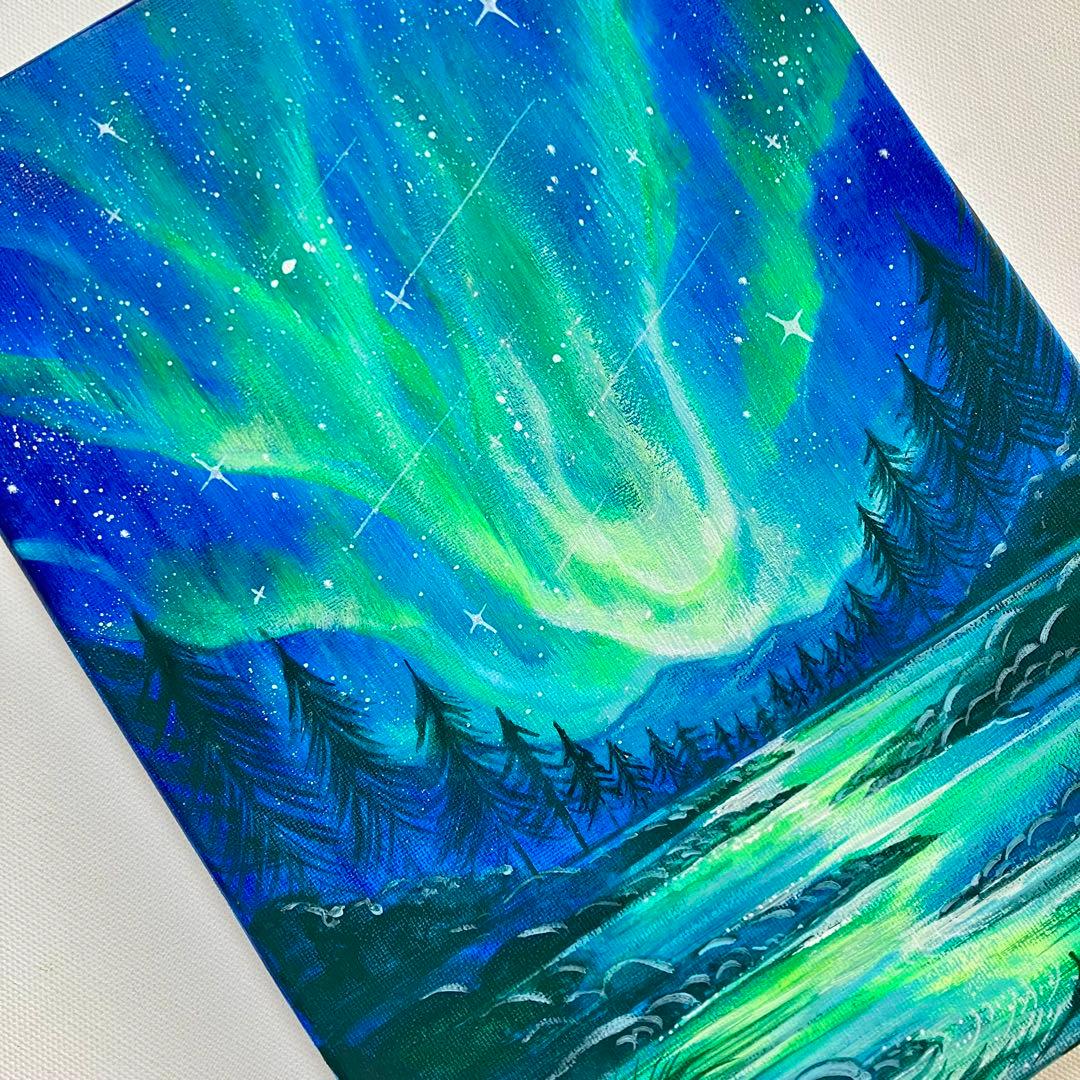 オーロラの夜景＊絵画　原画　風景画　冬　クリスマス　夜空　星空　アクリル原画