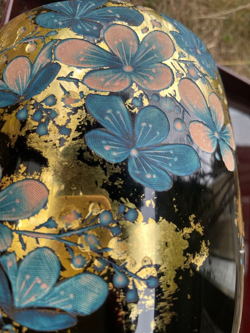 新品　骨董品　希少　花瓶 花柄 陶器 木箱付き　彫漆 草花漆花瓶 草花漆 花瓶