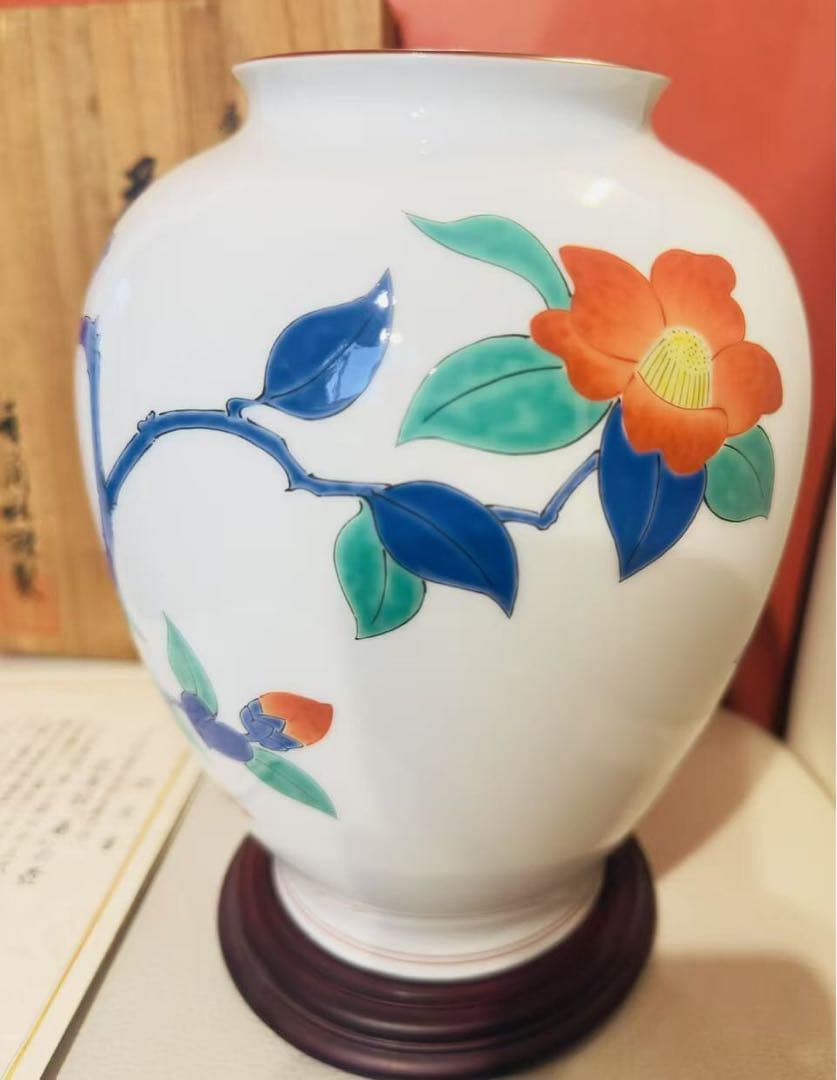 香蘭社 十三代酒井田柿右衛門 花鳥「春」の壷 花瓶原画 フランクリン画廊 共箱