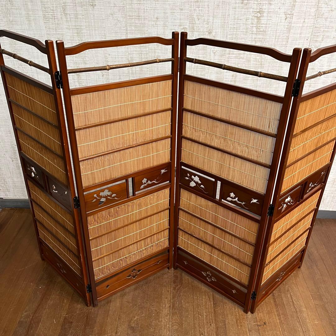 【アンティーク】昭和レトロ 4連 衝立 パーテーション 透かし彫り 古道具