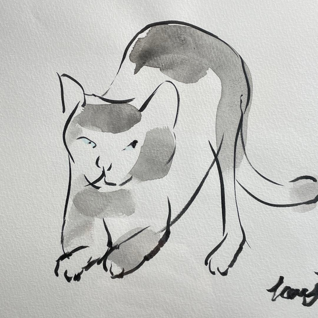 伸びる猫｜墨画 原画｜B4 額装作品｜一点物｜2025