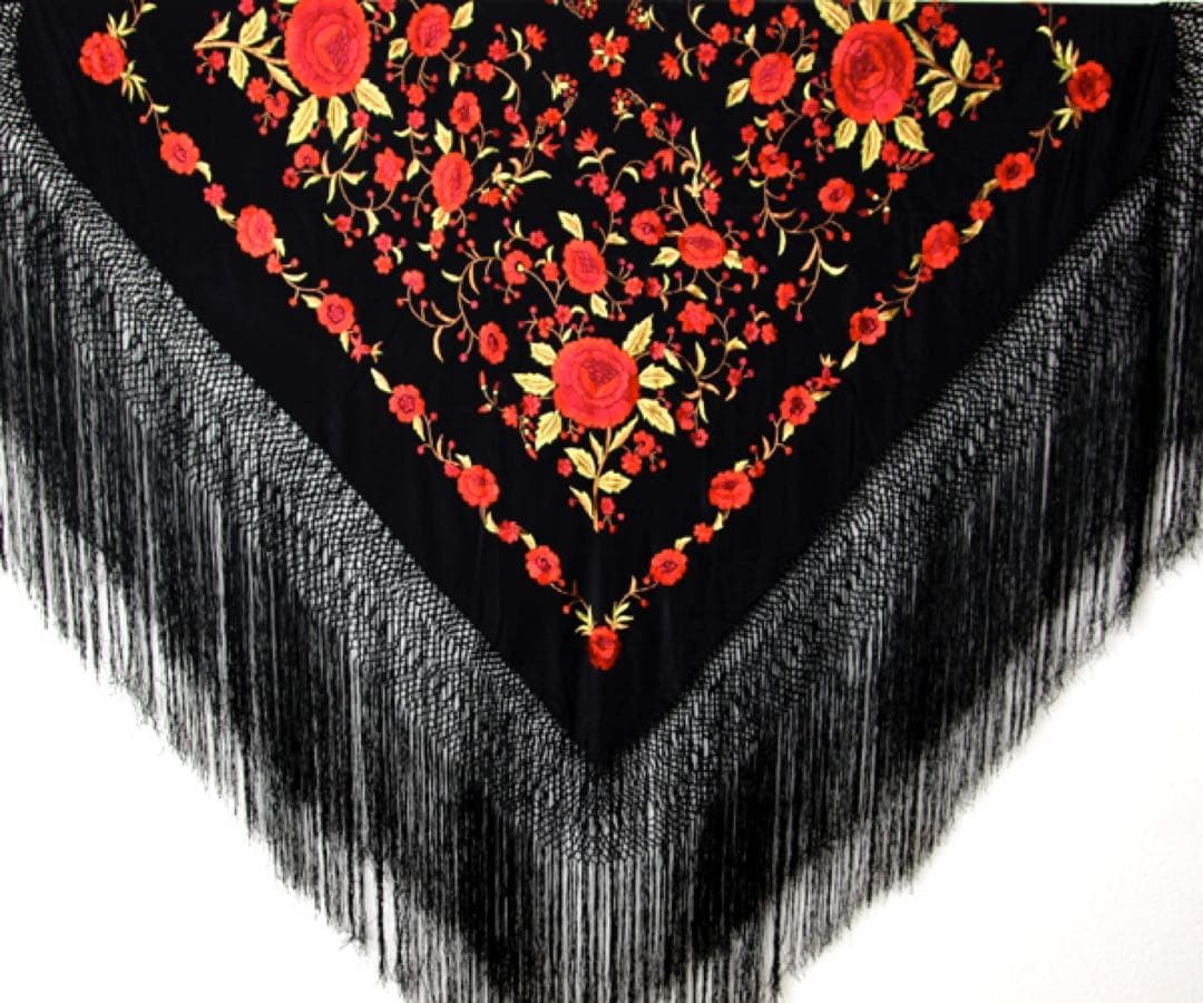 [新品] シルク製高級マントン・黒地x赤・ゴールド刺繍