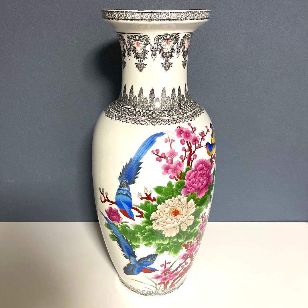 『中国美術』 景徳鎮製 粉彩色絵花鳥図 大花瓶 高さ60.5㎝ 重さ5.4kg
