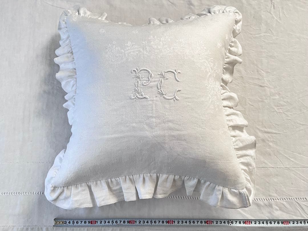 【美品】フランスアンティーク PC手刺繍 ダマスク クッションカバー