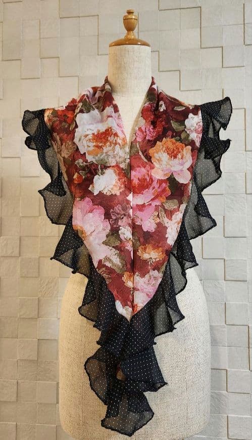 ハンドメイド フラメンコ衣装 新品 シージョ・エプロン 赤系 花柄 黒×白水玉