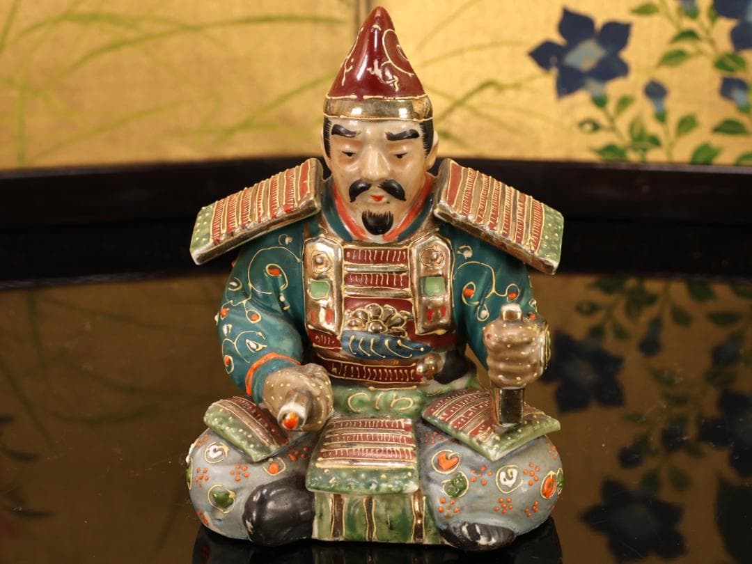 BK523　九谷焼　楠木正成 正行　桜井の別れ　陶人形 置物　金彩色絵 戦国武将