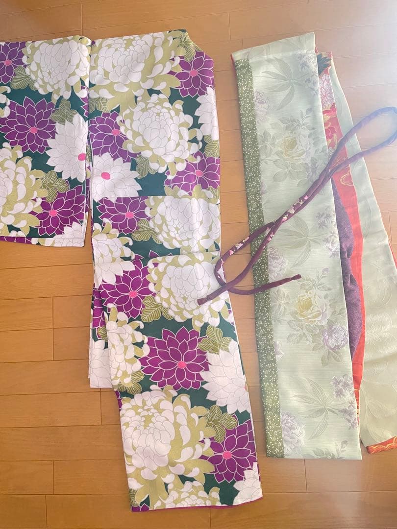 七五三　親子お揃い着物　親子リンクコーデ　ハンドメイド　グリーン緑紫パープル