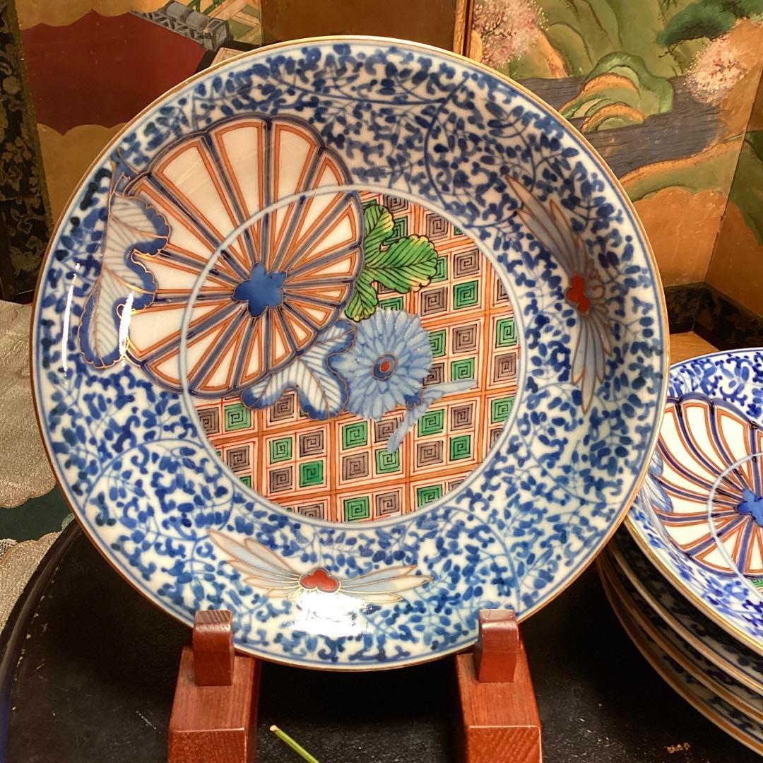 A904大聖寺伊万里　染錦手　『渦福』金縁　萩唐草　菊花紋様　　7寸皿　5枚