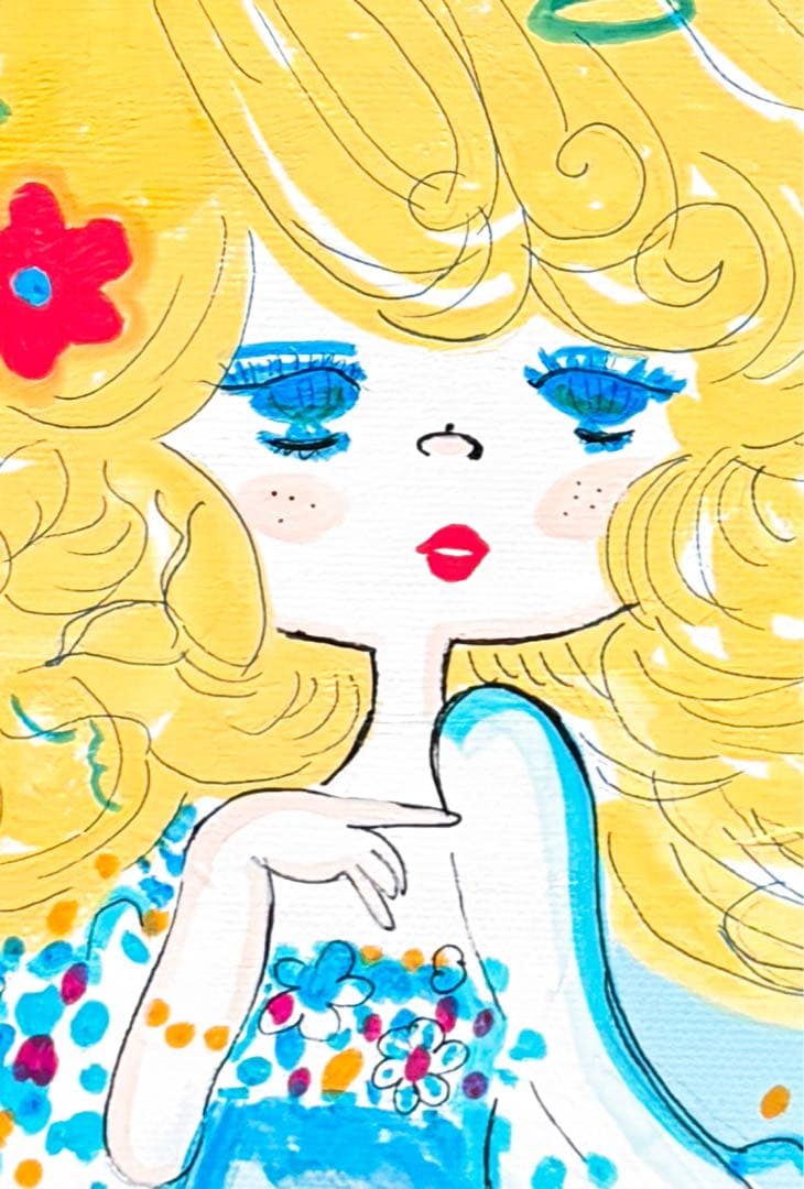 【F4号】手描き油彩画　水森亜土　額縁　新品額　サイン　人気作品　　　人魚　絵画