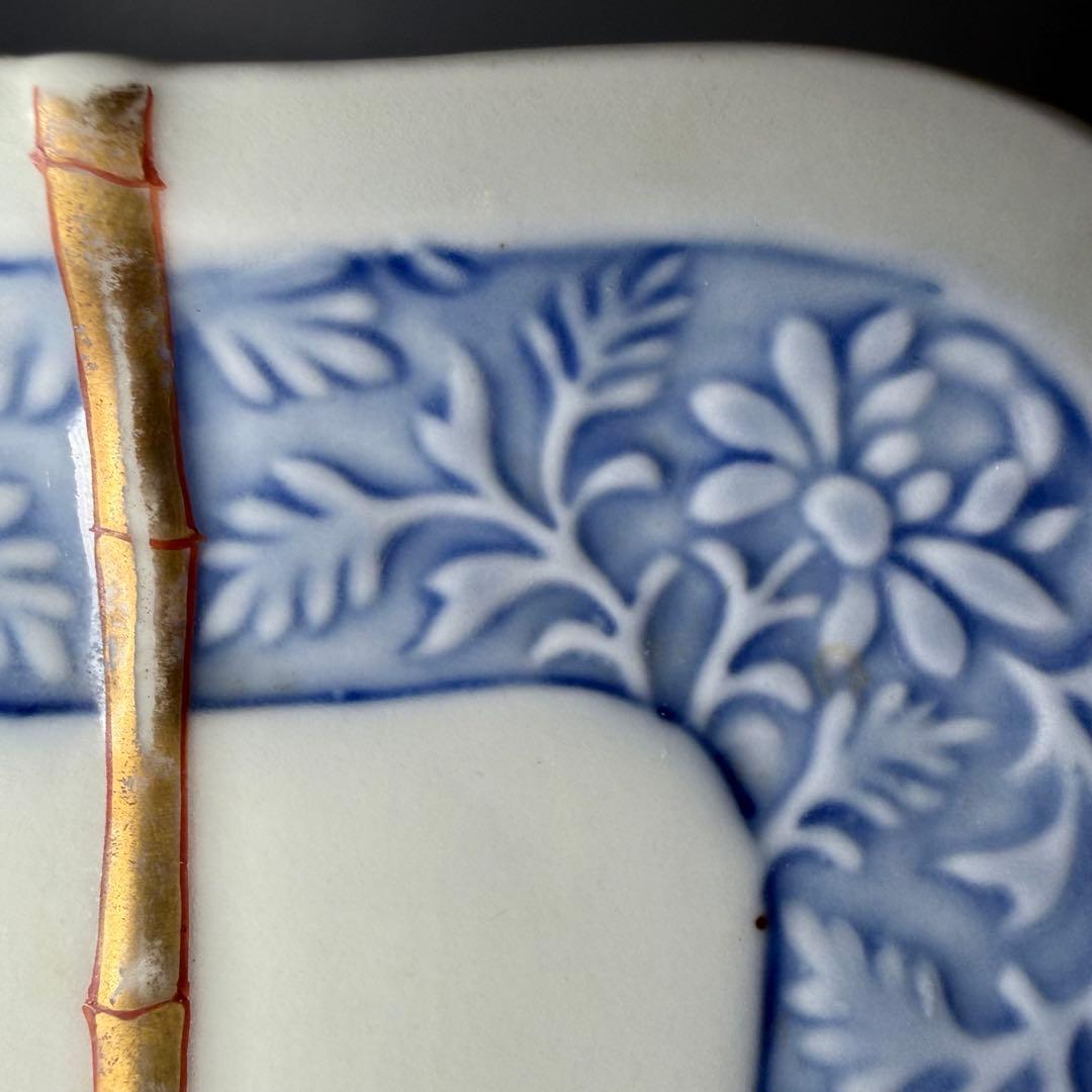 明治時代　有田焼　岩松平吾　色絵軍配形皿　五枚　角岩印　陽刻　珍品　最後の五枚！