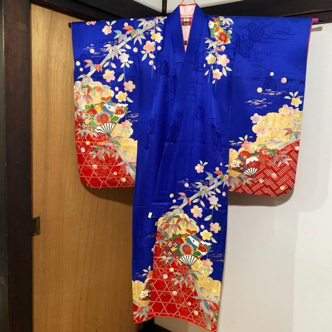 専用　七五三　7歳　青　正絹　着物　このゆびとまれ