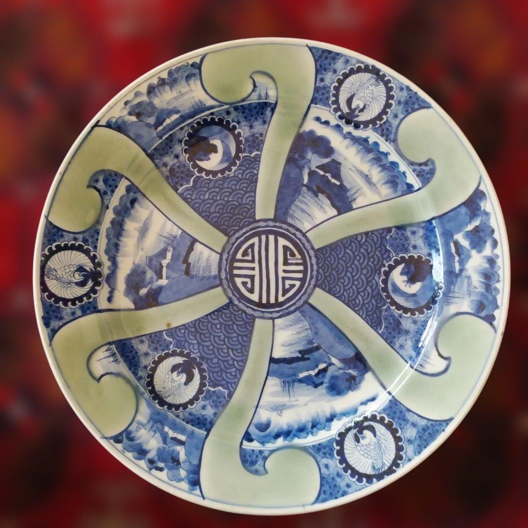 希少　珍品　 古伊万里 有田官窯　青磁染付大皿　特大皿　口径約44cm　有田焼