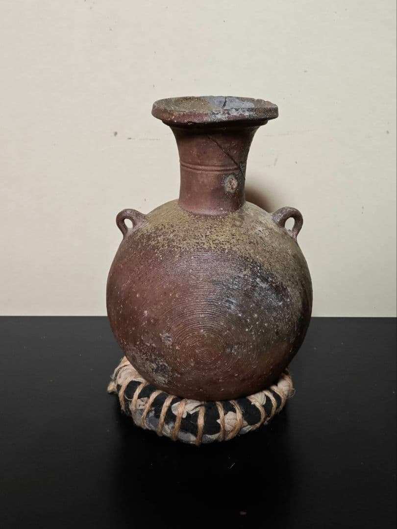 赤上がりの須恵器フラスコ瓶　珍品稀品　古美術　花呼ぶ器