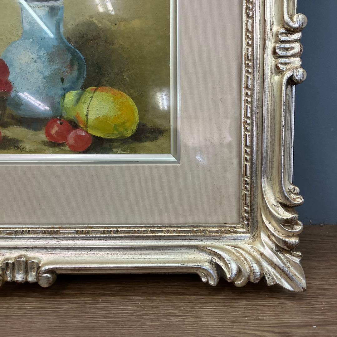静物画 油彩画 「果物と花瓶」 サイン入り 額装 豪華額縁 アート 絵画