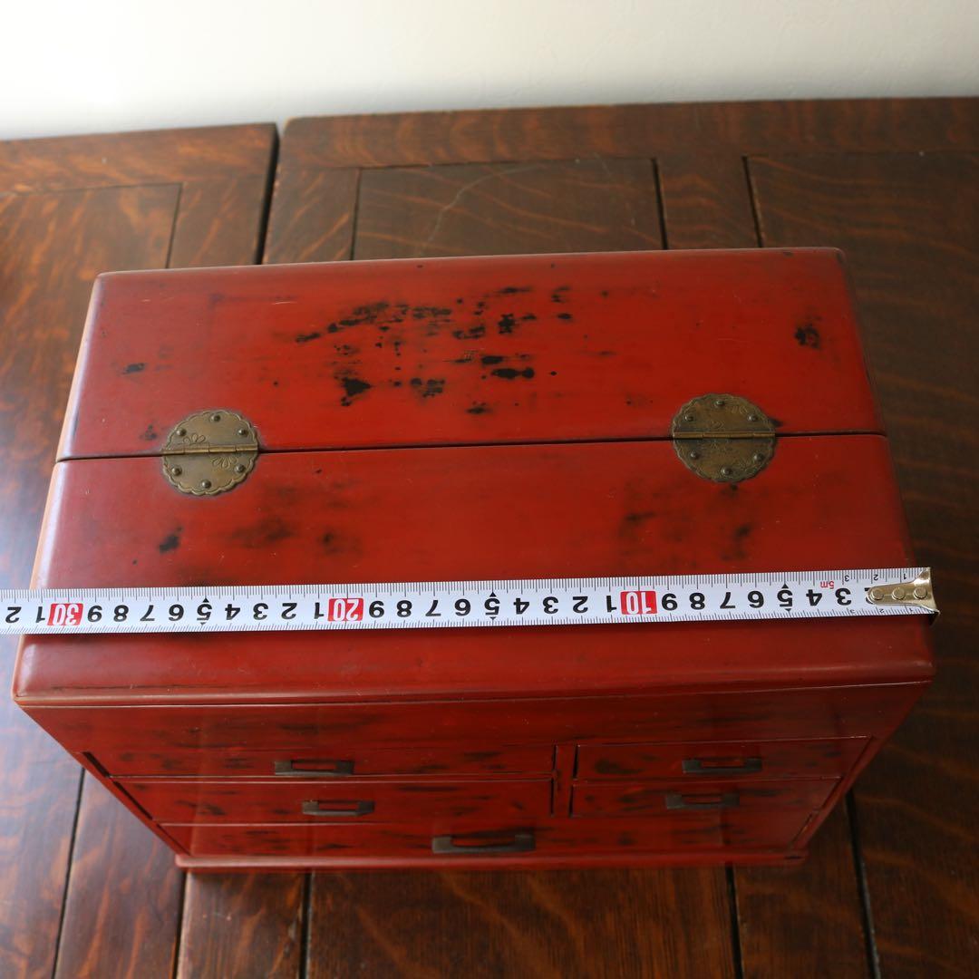 大正ロマンな根来塗が美しい時代裁縫箱お針箱（小引出し骨董民芸ブロカント