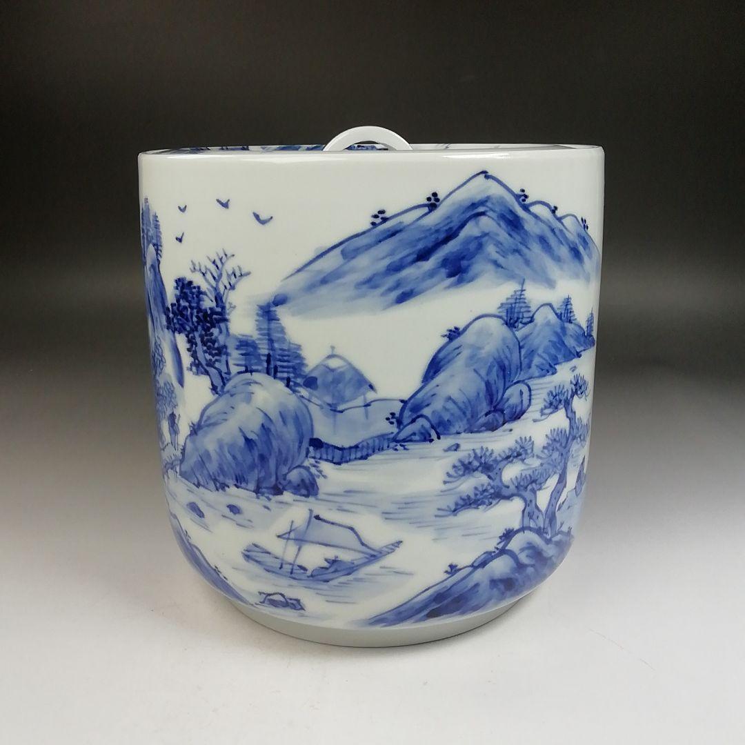 Ｗ３０７　水指　『染付　山水図』『高野昭阿弥 造』　共箱　茶道具