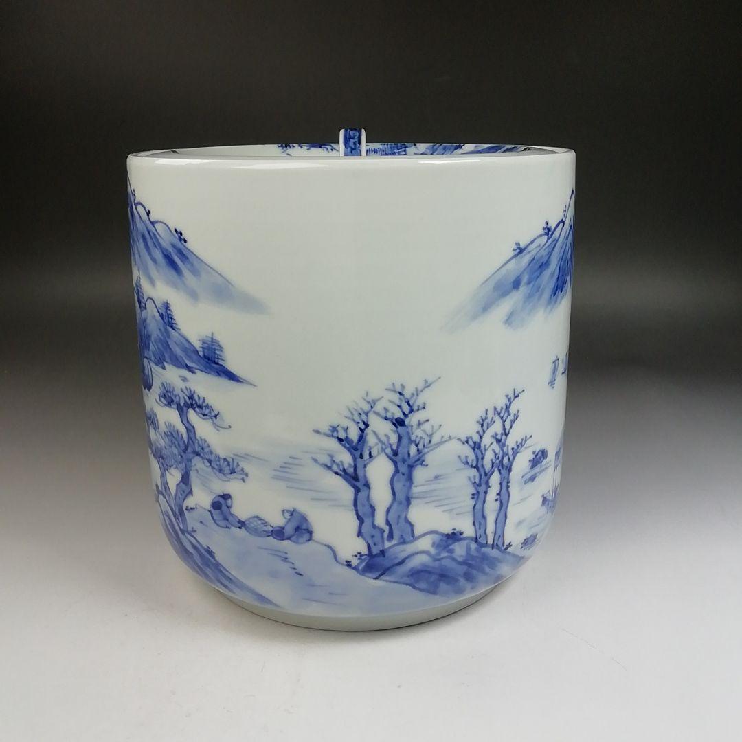 Ｗ３０７　水指　『染付　山水図』『高野昭阿弥 造』　共箱　茶道具