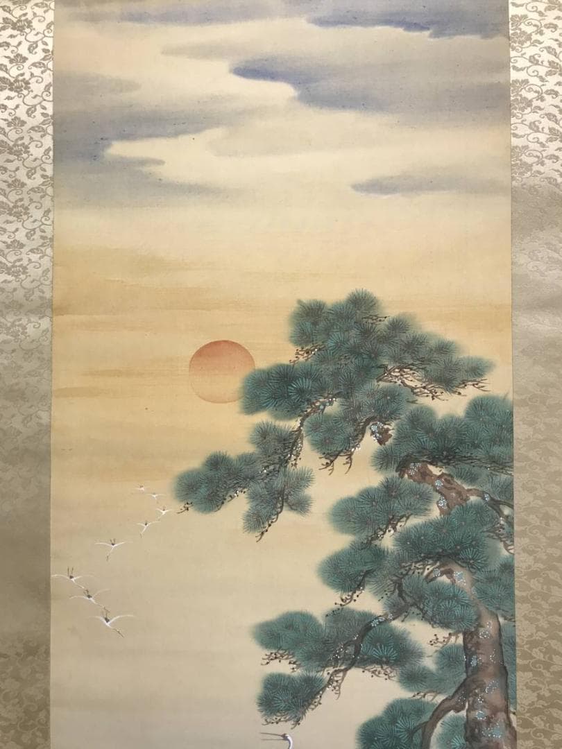 【真作】湖雪/海辺松鶴図/鶴図/花鳥図/祝事掛/掛軸/名家伝来/AC-768
