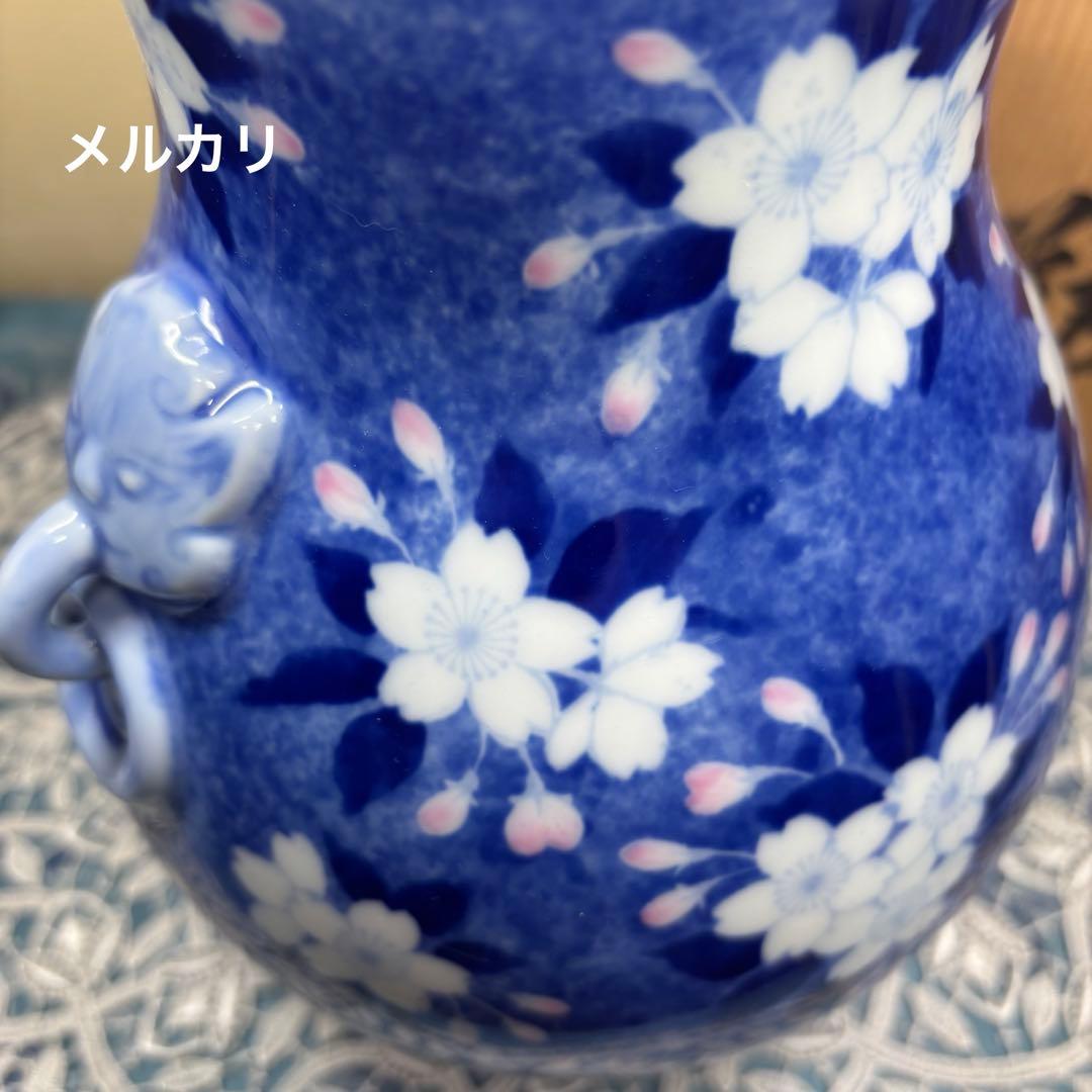 深川製磁　高級美術　深川謹製　花瓶　桜　獅子耳付き　木箱入り