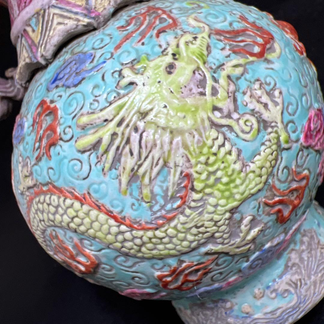 中国清時代　大清乾隆年製　粉彩浮彫龍図花瓶　東Y8-0408☆2F