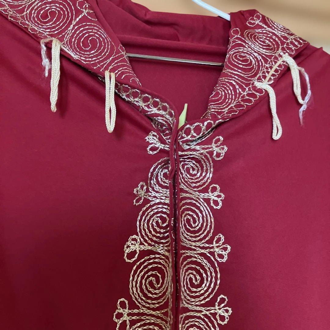 ｟チュニジア民族衣装｠バーガンディ刺繍フード付きロングドレス