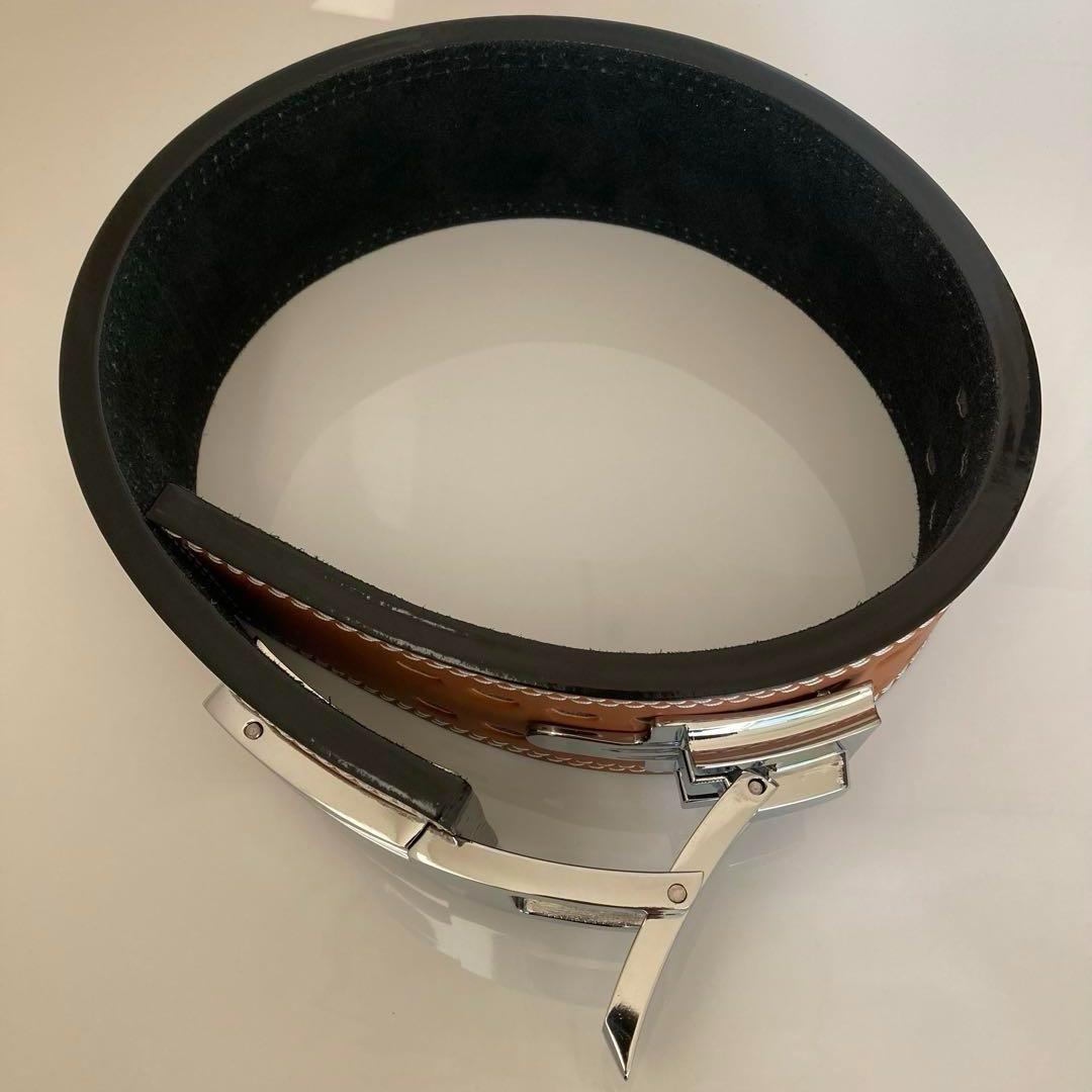 パワーベルト 本革 レバーアクション ワンタッチ可変式 Lサイズ 茶×光沢銀