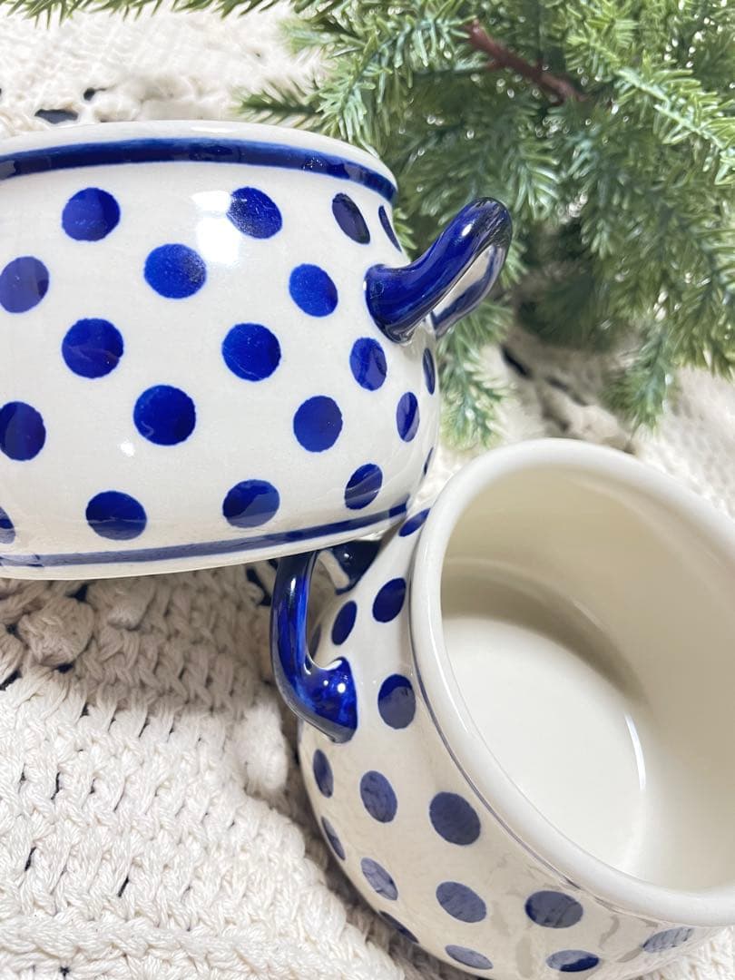 Polish pottery 水玉 スープカップ ポーリッシュ　マヌファクトゥラ